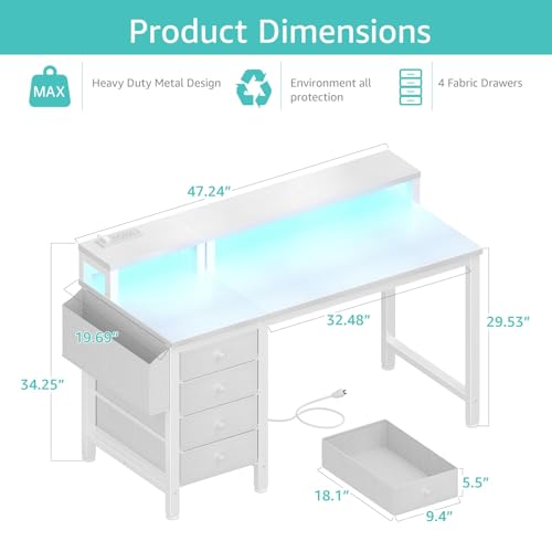 47 inch Gaming Desk with LED Lights and Power Outlets and Fabric Drawers B5782