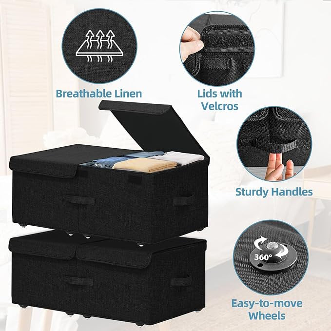 Black 2 Pack Under Bed Storage Container with Wheels and Lids H29364