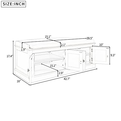 White 4 Door Storage Bench with Adjustable Shelves and Removable Seat Cushion P594434