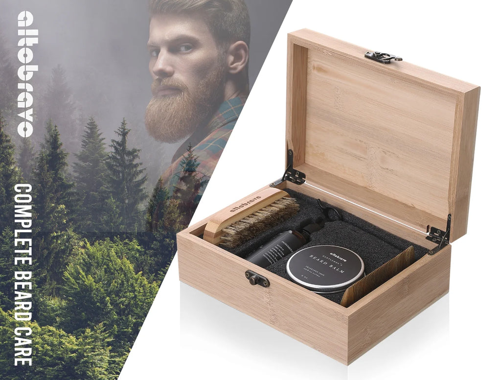 Beard Kit with Beard Oil, Beard Balm, Beard Brush, Beard Comb, Scissors in Bamboo Gift Box M23616