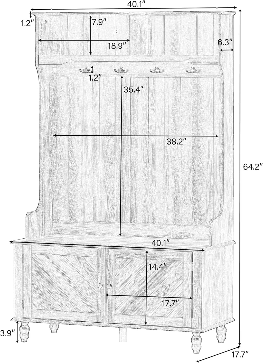 Brown 3-in-1 Hall Tree with 4 Hooks and Storage Bench L57875