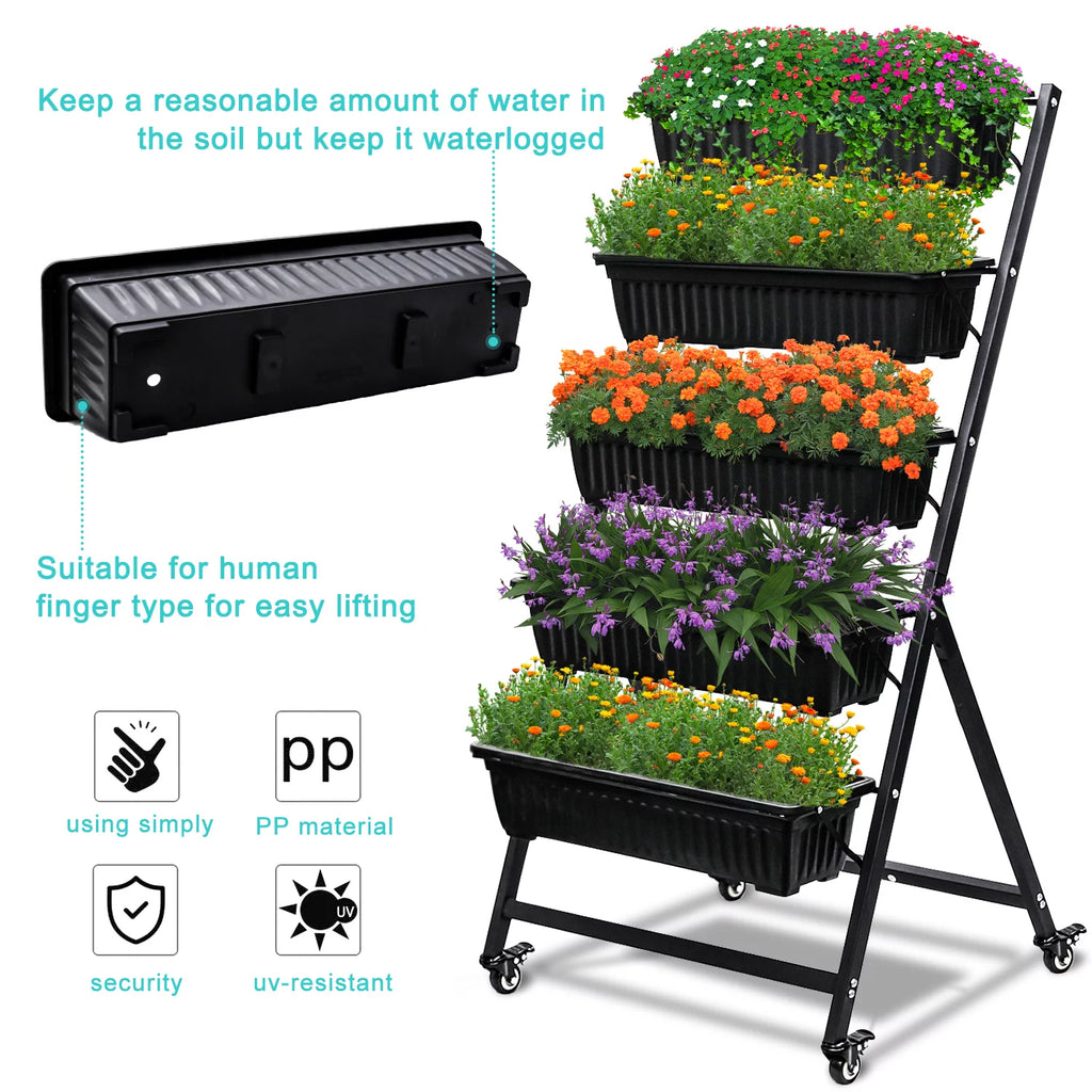 Raised Garden Bed Vertical Garden Freestanding Elevated Planters 5 Container Boxes with Wheels X264