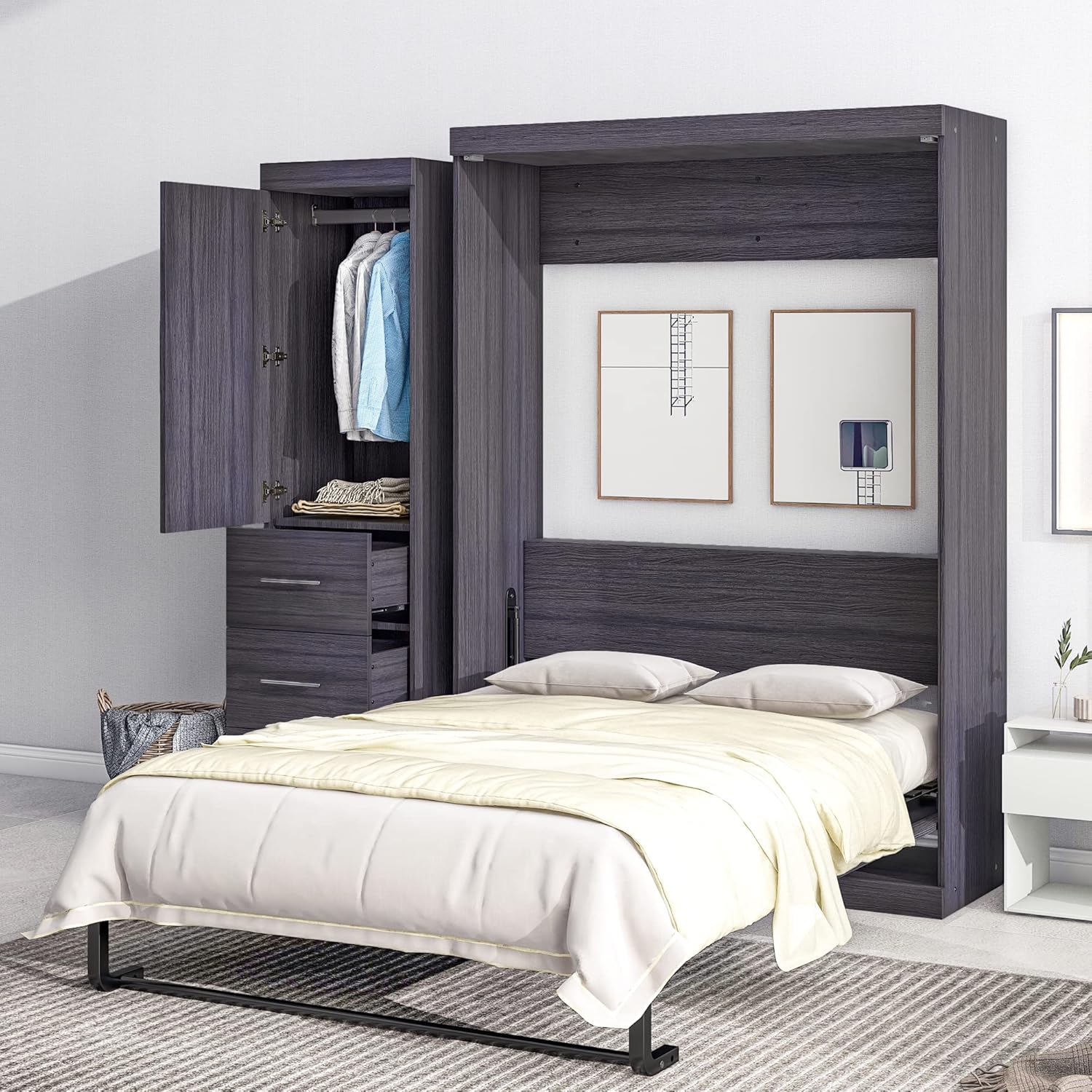 Full Size Wood Murphy Bed with Wardrobe and Drawers F173