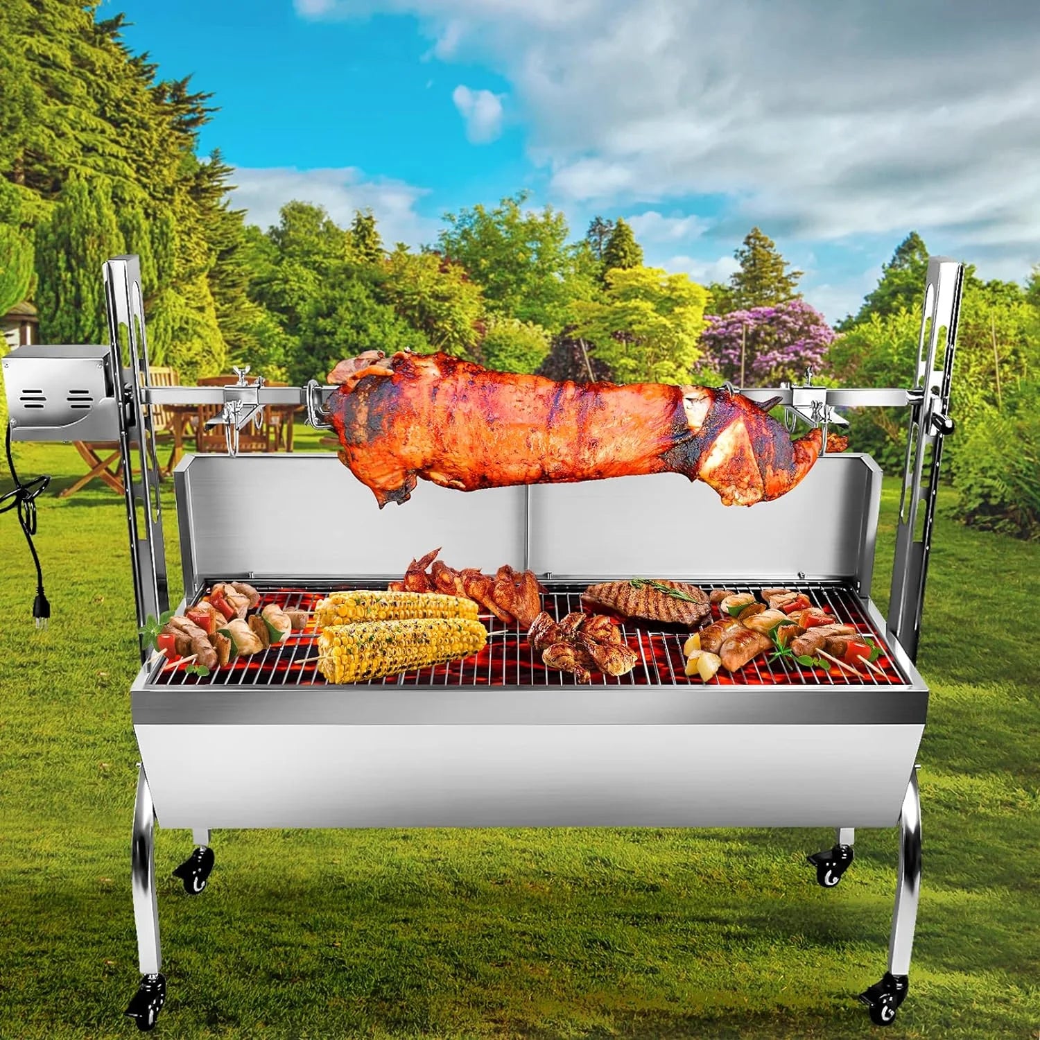 Stainless Steel Rotisserie Grill with Back Cover Guard, 25W Motor, 37'' 2 in 1 BBQ Charcoal Rotisserie Grill E78557