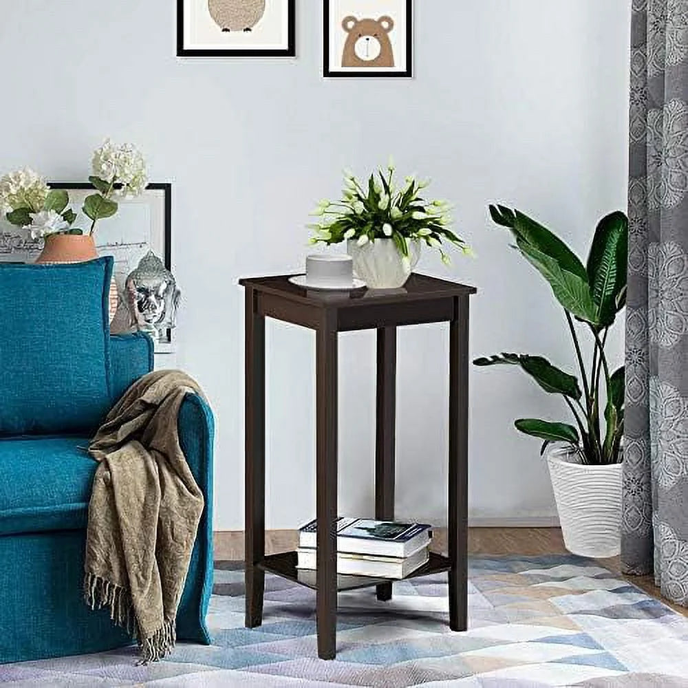 Dark Coffee Tall End Table With Storage Shelf And Solid Wood Legs, D12xw15xh29 Inches J43881