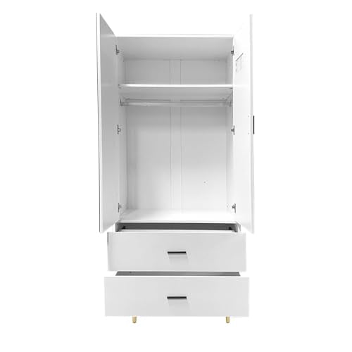White 2 Door 2 Drawer Armoire Wardrobe with Hanging Rod and Mirror Z930