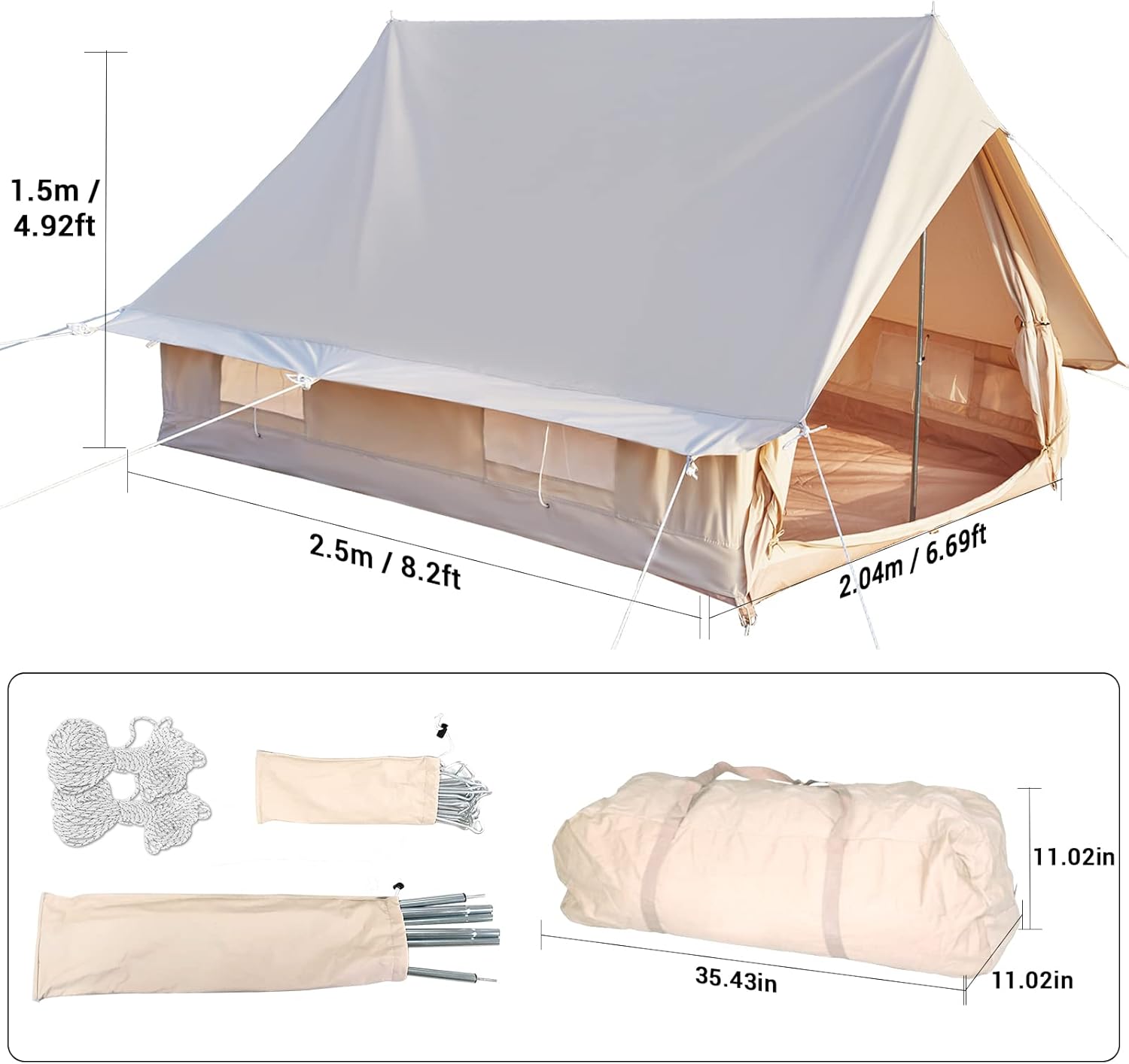Canvas Glamping Tent Rainproof for 4 Person with Windows K7953