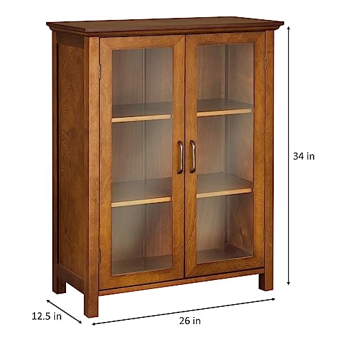 Oiled Oak Wooden Freestanding Floor Cabinet with 2 Adjustable Shelves and 2 Glass Paneled Doors B8649