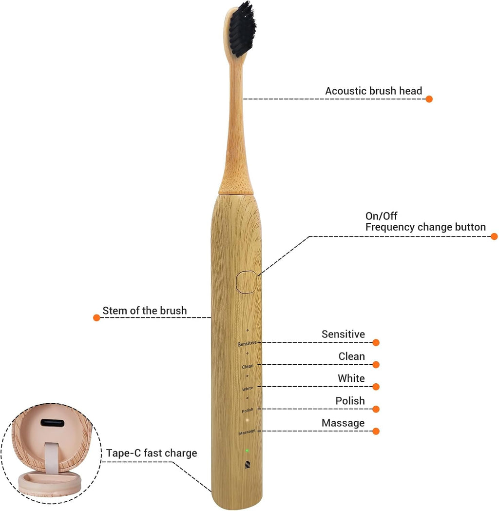 Bamboo Electric Toothbrush 5 Cleaning Modes Sonic Toothbrush Replacement Heads with Plant-Based Bristle 4 Pack U420782