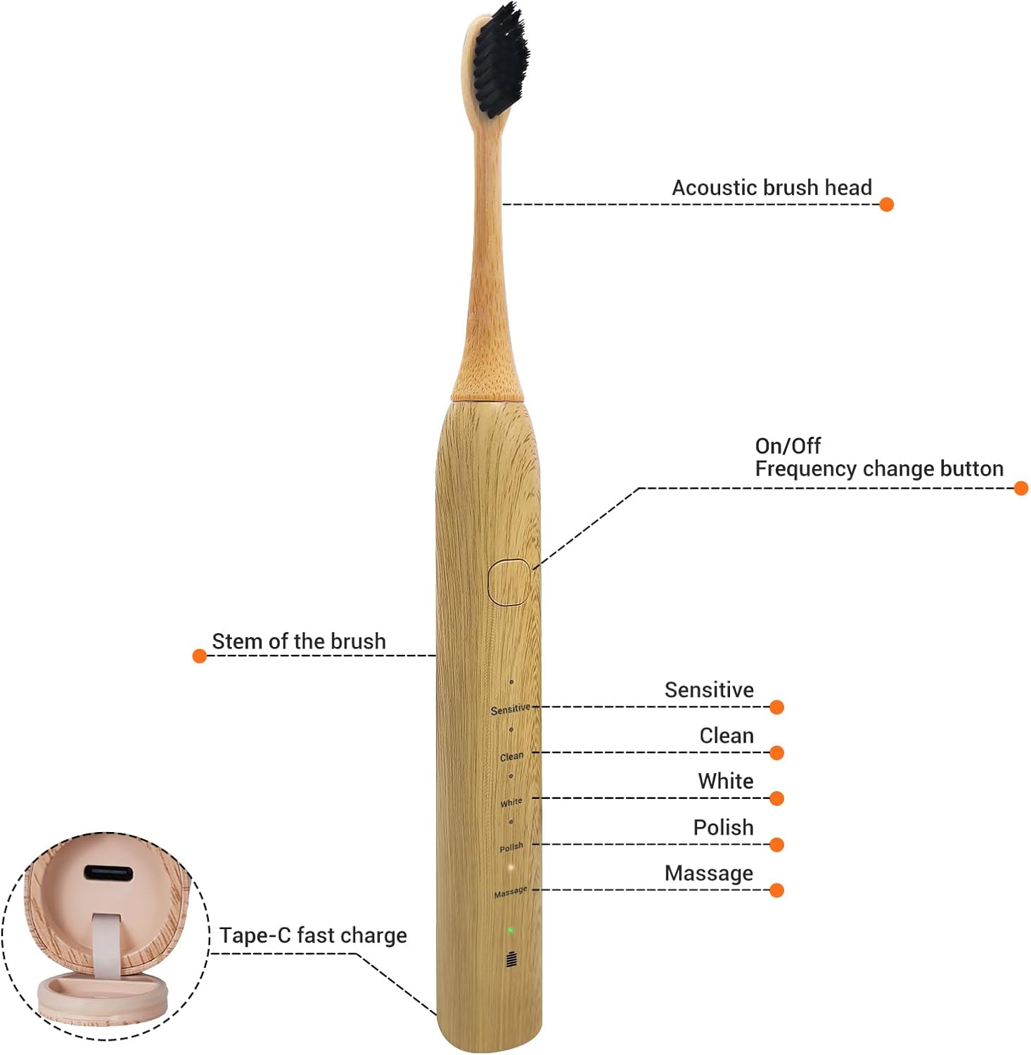 Bamboo Electric Toothbrush 5 Cleaning Modes Sonic Toothbrush Replacement Heads with Plant-Based Bristle 4 Pack U420782