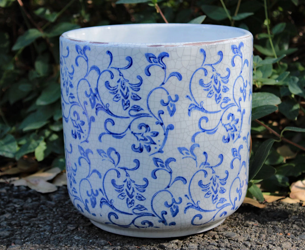 Blue and white ceramic cylindrical garden pot or planter J838221