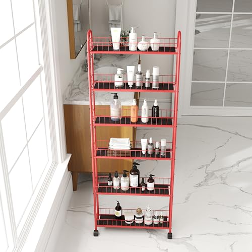 Red 6-Tier Wire Rolling Storage Cart with Wheels J489983
