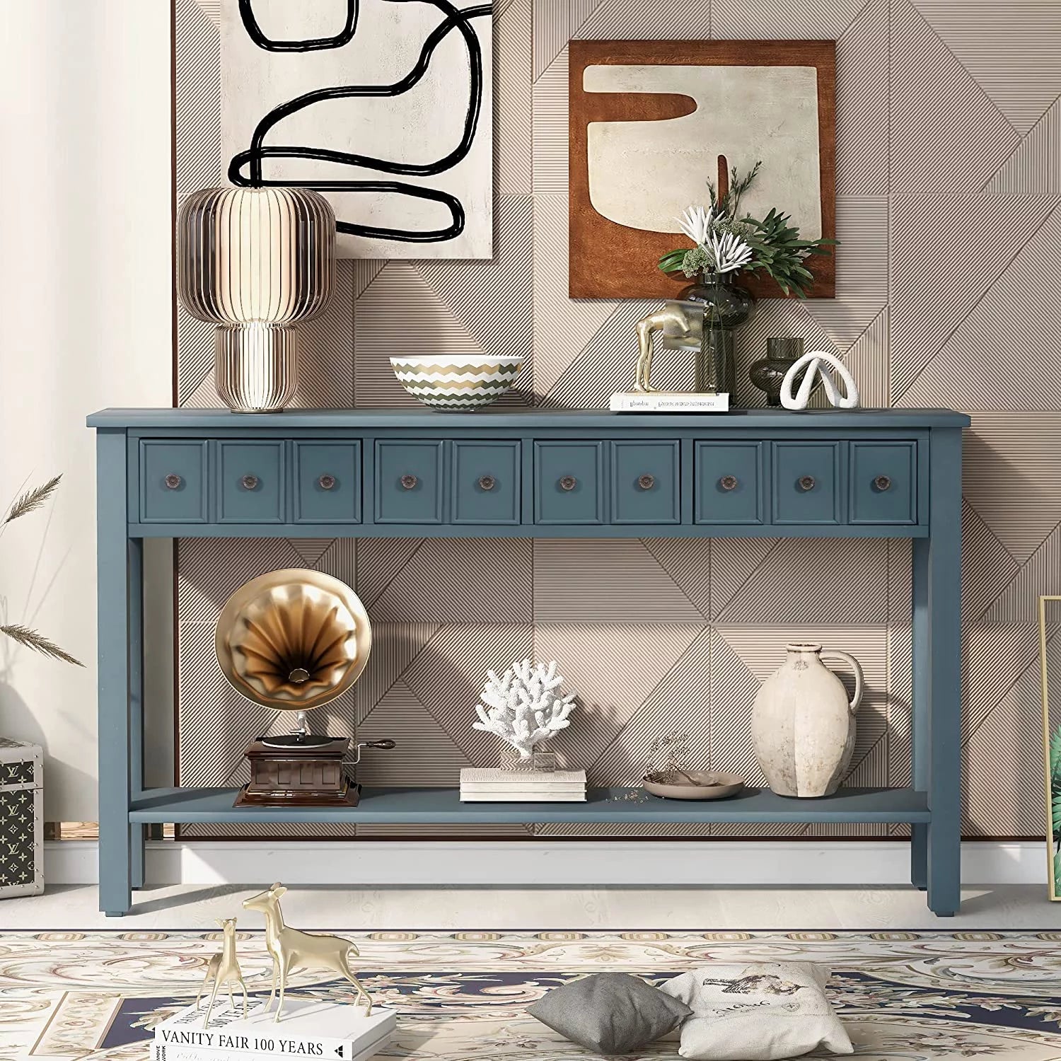 Navy 60" Console Table with 2 Drawers and Bottom Shelf W18711