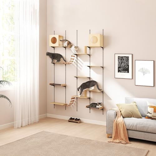 25-Piece Wall-Mounted Cat Climber Set with Cat Shelves, House, Platform, Bridge, Hammock & Scratching Board (Burlywood) H843