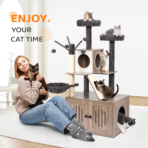 Gray Wooden Cat Tree with Litter Box and Scratching Posts U857