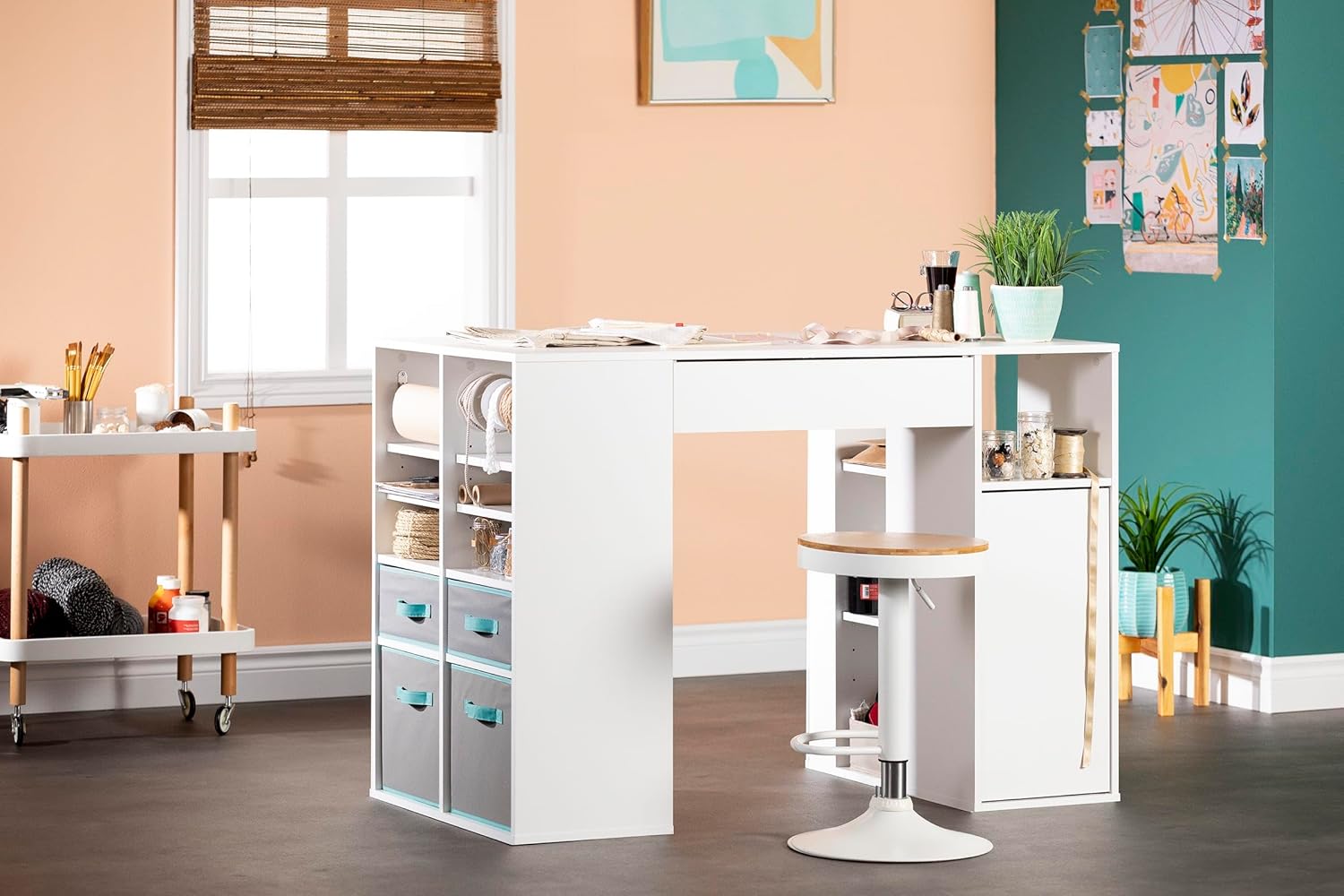 Pure White Counter-Height Craft Table with 4 Baskets S1517