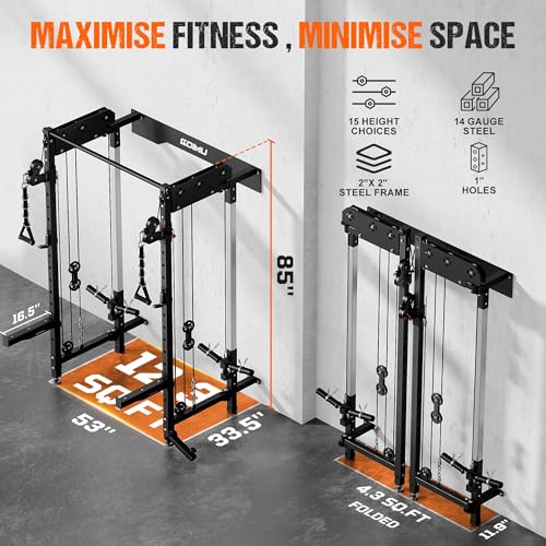 Folding Squat Rack Wall Mounted Power Rack with Dual Independent Pulley System Q2891