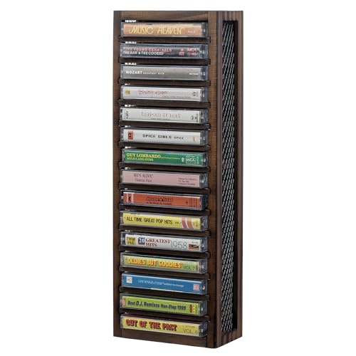16-Slot Solid Burnt Wood Cassette Tape Storage Rack V986638