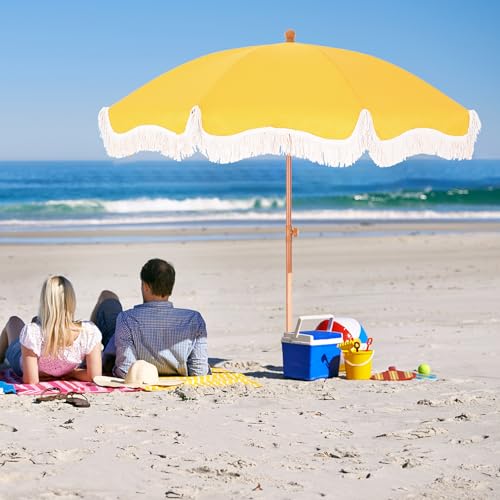 7ft Beach Umbrella with Fringe, UPF50+, Carry Bag V462