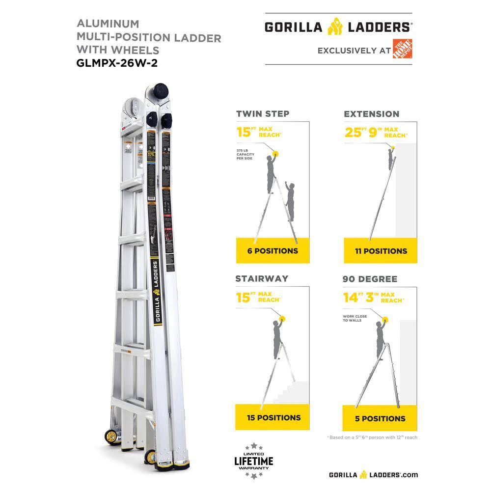 26 ft. Aluminum Multi-Position Ladder with Wheels, 375 lb. Load Capacity Type IAA T407