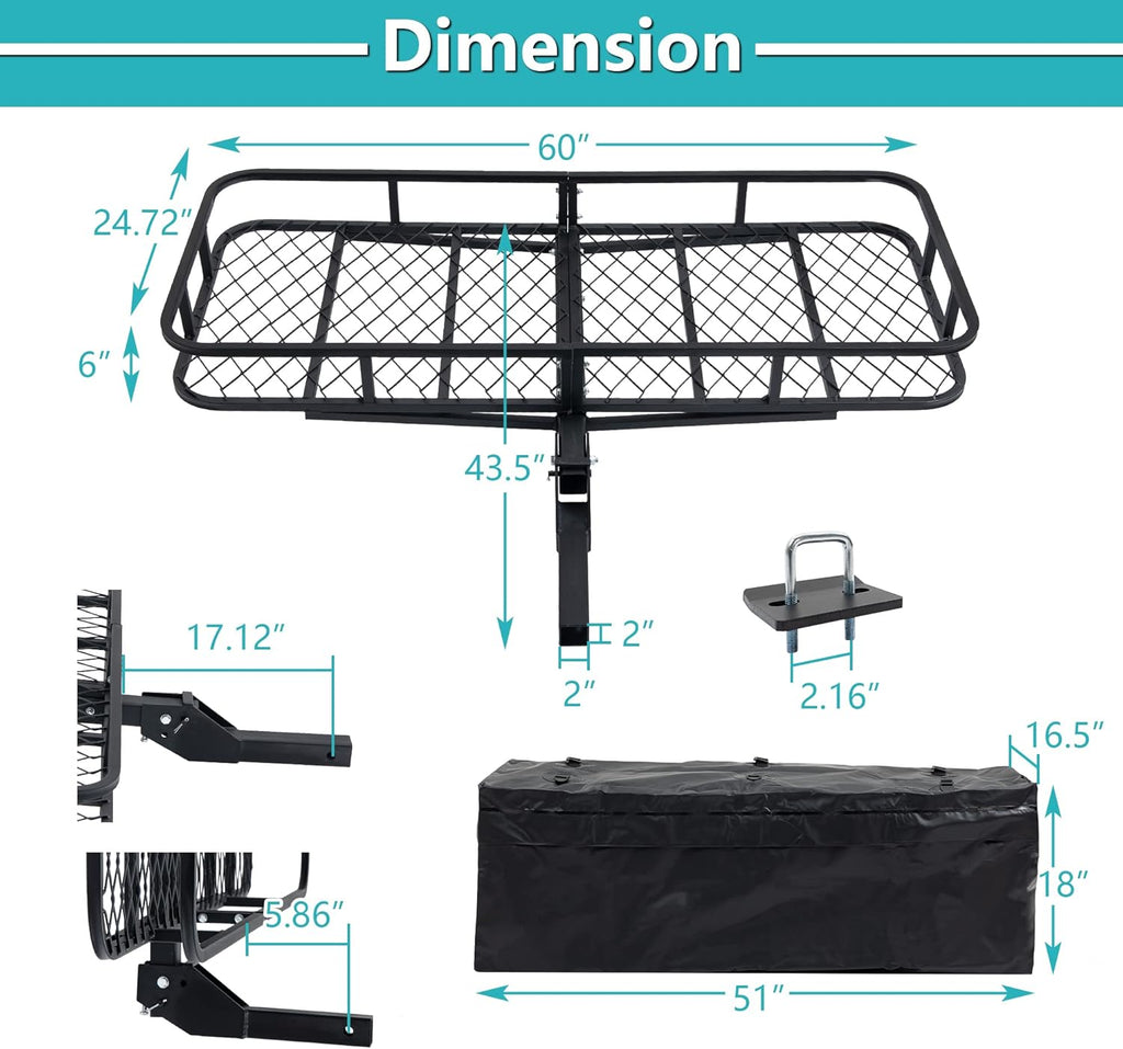 Black Cargo Rack Carrier with Folding Basket and 2 Rainproof Ratchet Straps T468