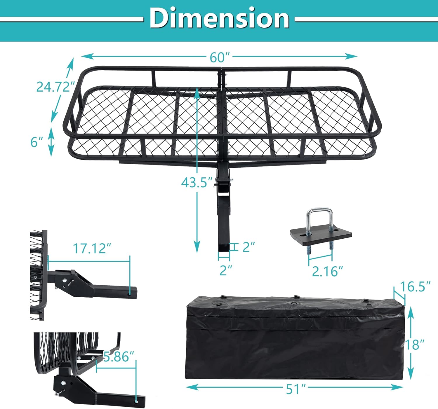 Black Cargo Rack Carrier with Folding Basket and 2 Rainproof Ratchet Straps T468