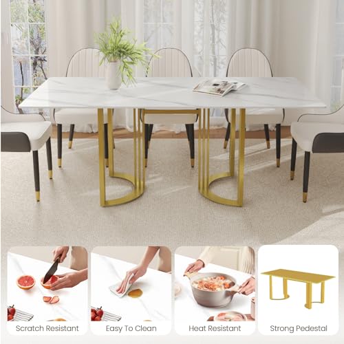 63" White Marble Dining Table with Gold Trestle Pedestal R774533