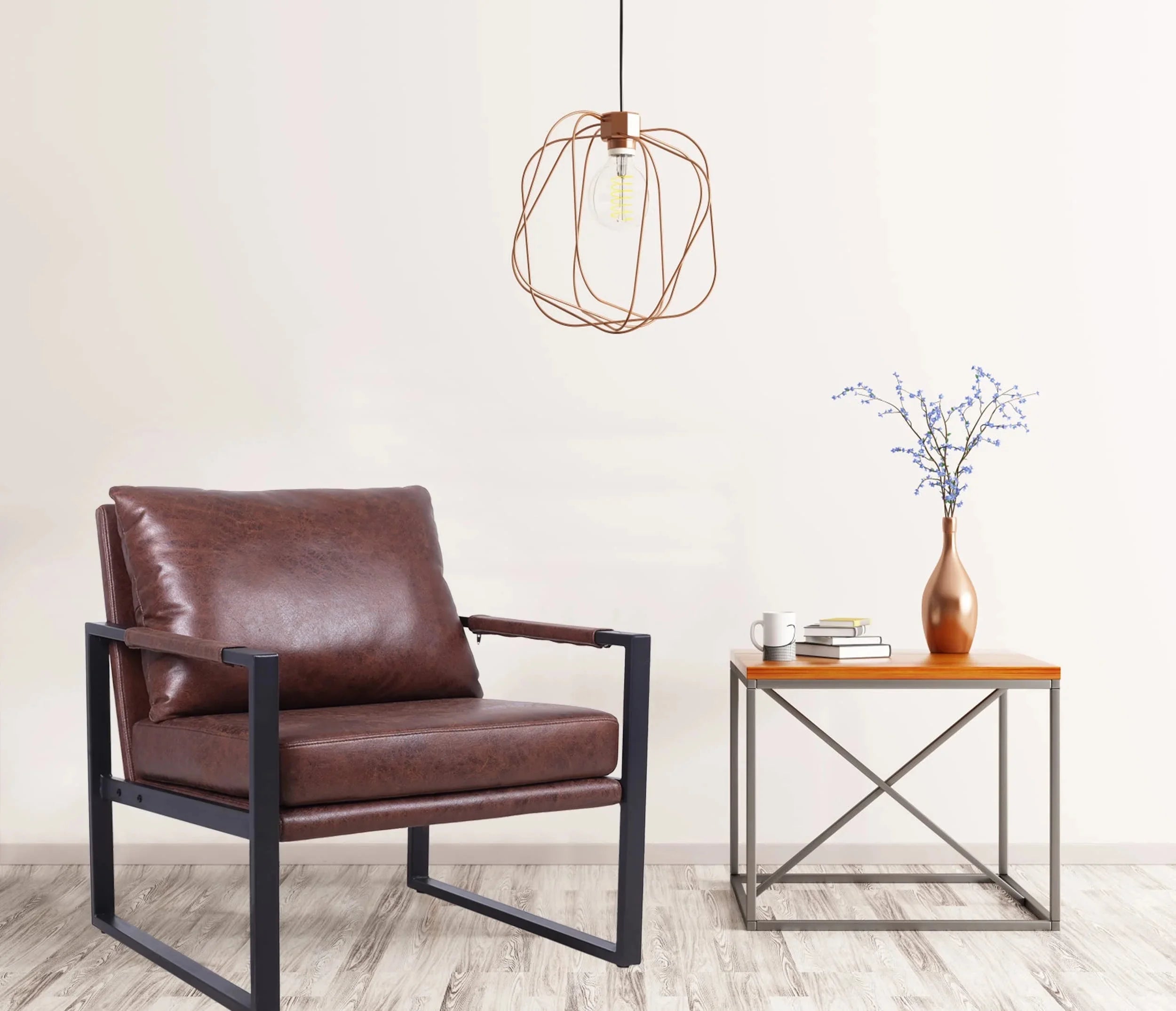 Brown Faux Leather Accent Chair with Metal Frame H701