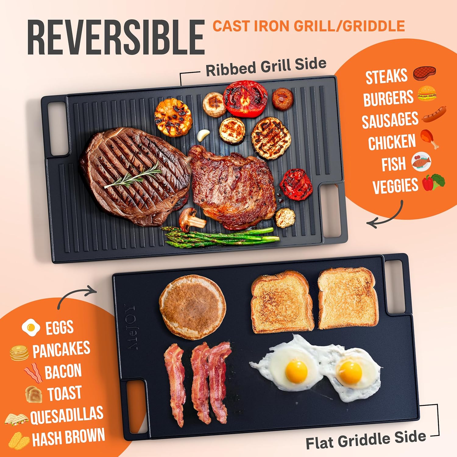 Pre-Seasoned Non-Stick Reversible Cast Iron Griddle (16.75" X 9.5") P29295