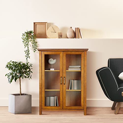 Oiled Oak Wooden Freestanding Floor Cabinet with 2 Adjustable Shelves and 2 Glass Paneled Doors B8649