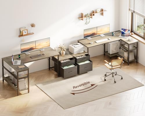 Rustic Brown L Shaped Desk with Drawers & File Cabinet R592