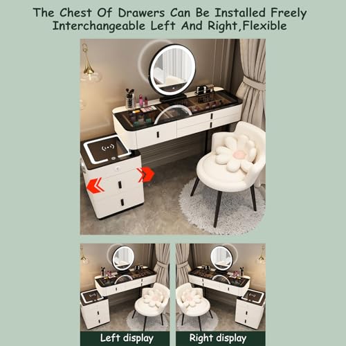 Vanity Mirror with Lights and Desk, Round 3-Colors Lights, with Cushioned Stool, with 2 Drawers and Storage Shelves, Glass Table Top Y830916