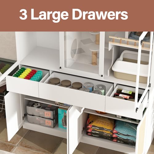 White Cat Litter Box Enclosure with Scratch Post, Stairs, Storage Drawers, Shelves, Sisal Doors S139254