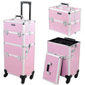 Pink Rolling Aluminum Makeup Train Case with 4 Removable Wheels F963