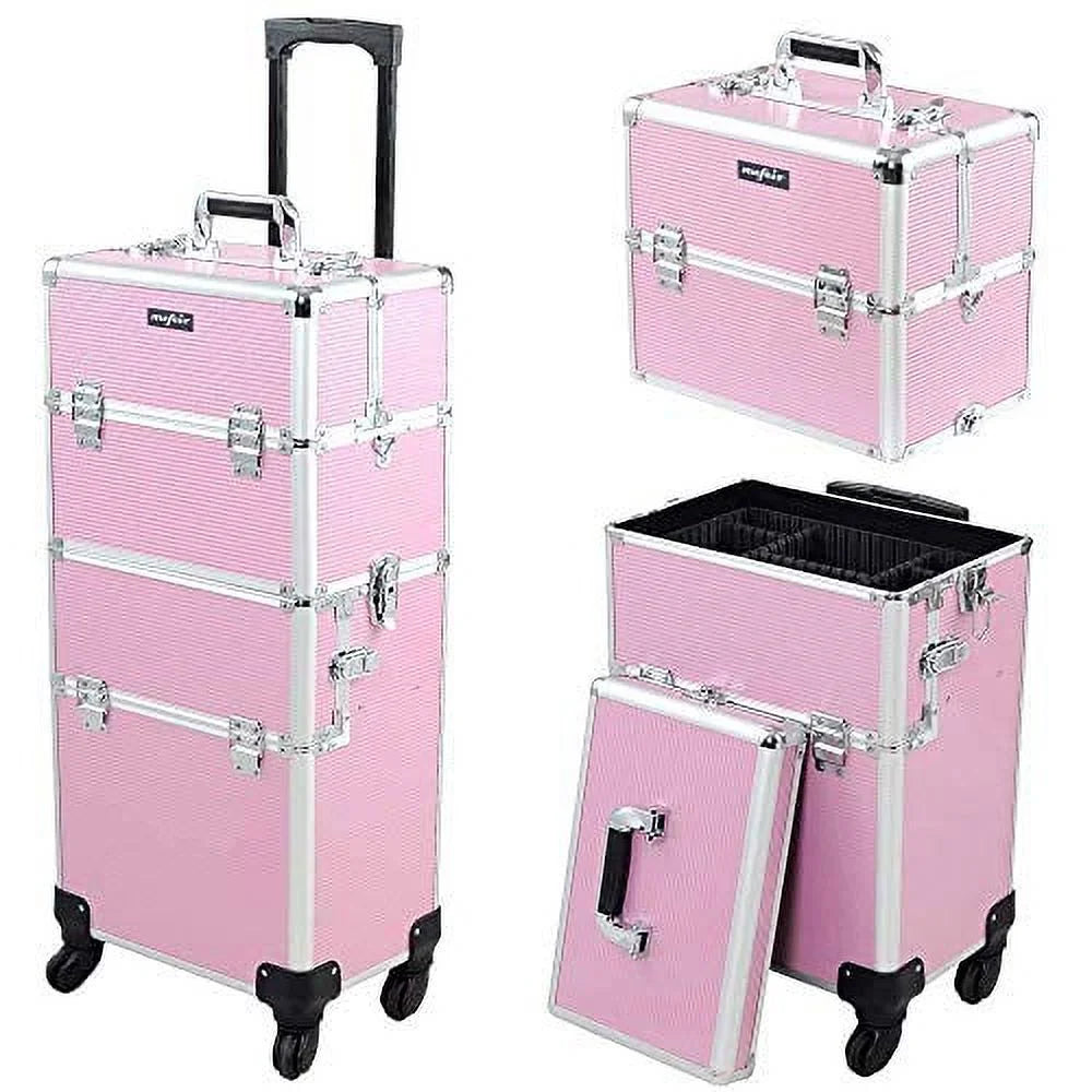 Pink Rolling Aluminum Makeup Train Case with 4 Removable Wheels F963