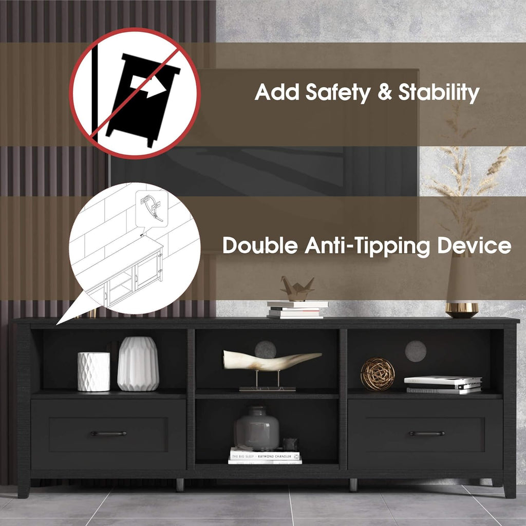 Black 70 inch TV Stand with Drawers Wood Storage Cabinet V7206