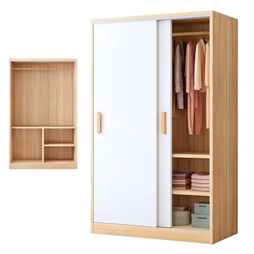 Walnut Freestanding Double Sliding Door Wardrobe with Shelves and Clothing Rods O54925