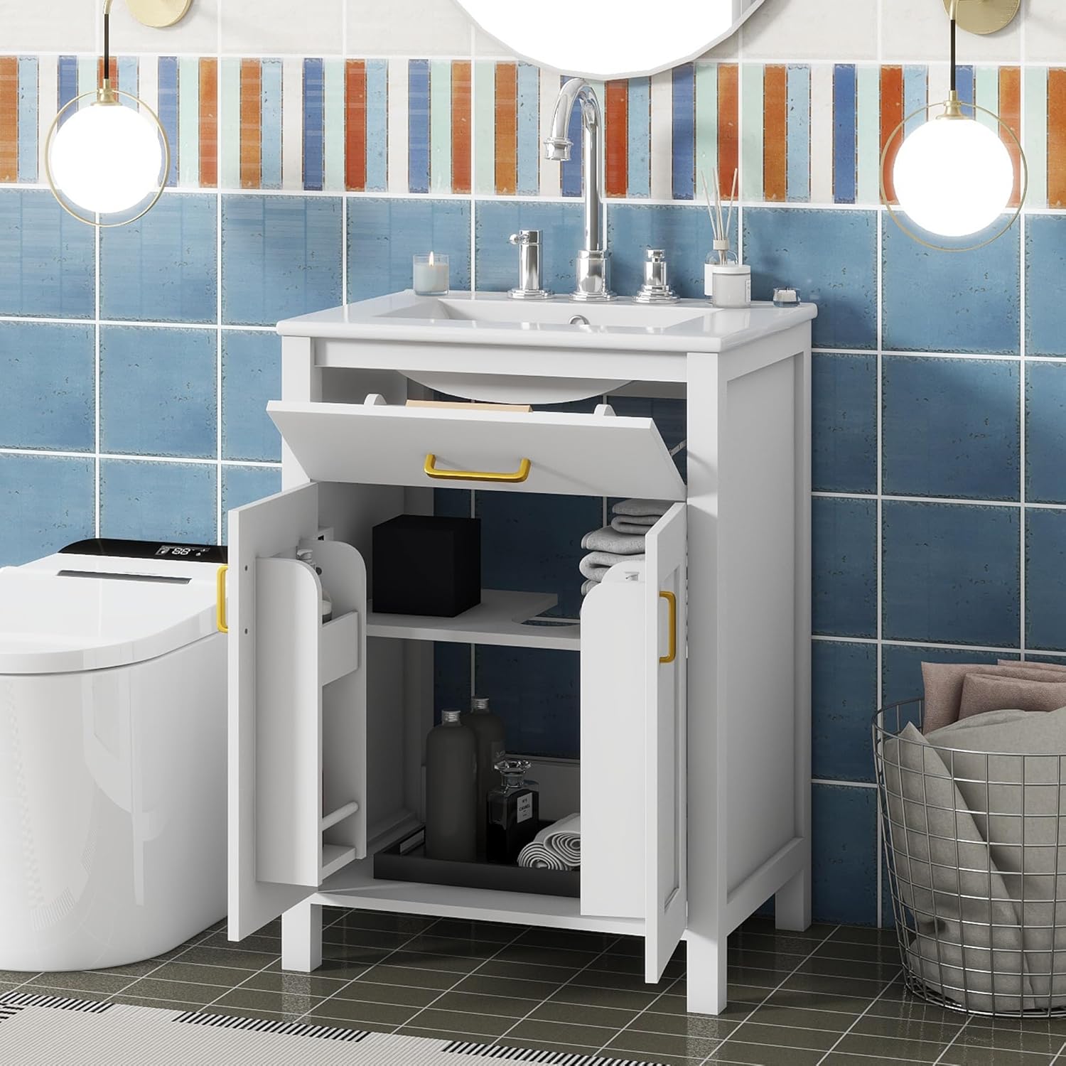 White 24" Bathroom Vanity with Sink, 2 Doors and Drawer E7385