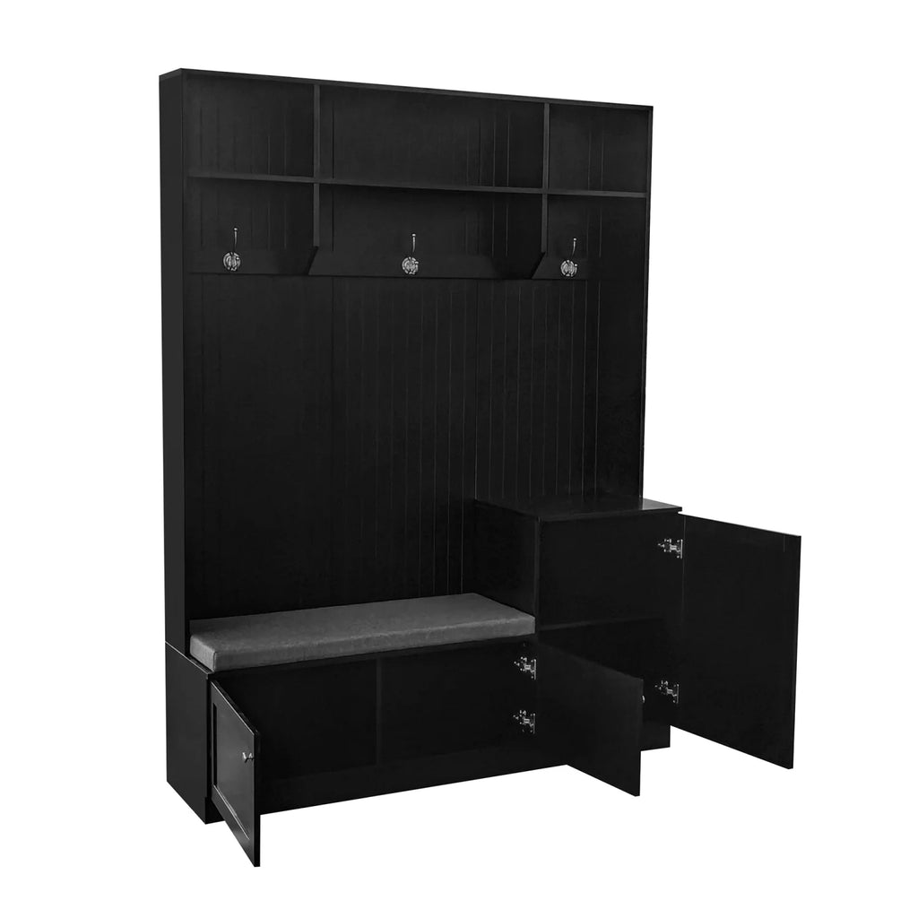 Black 4-in-1 Hall Tree with Bench and Shoe Storage L9949