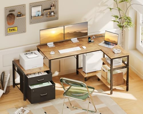 Rustic Brown L Shaped Desk with Drawers & File Cabinet R592