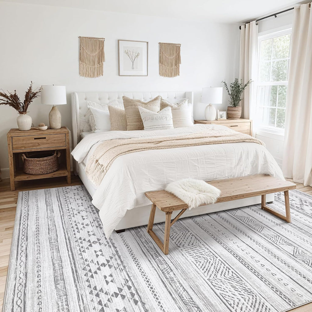 Cream Grey Washable Geometric Area Rug Q76251
