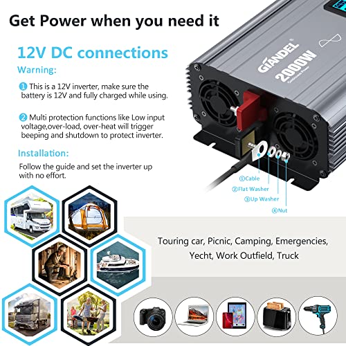 2000W Pure Sine Wave Power Inverter DC 12V to AC 120V with LCD Display K110002