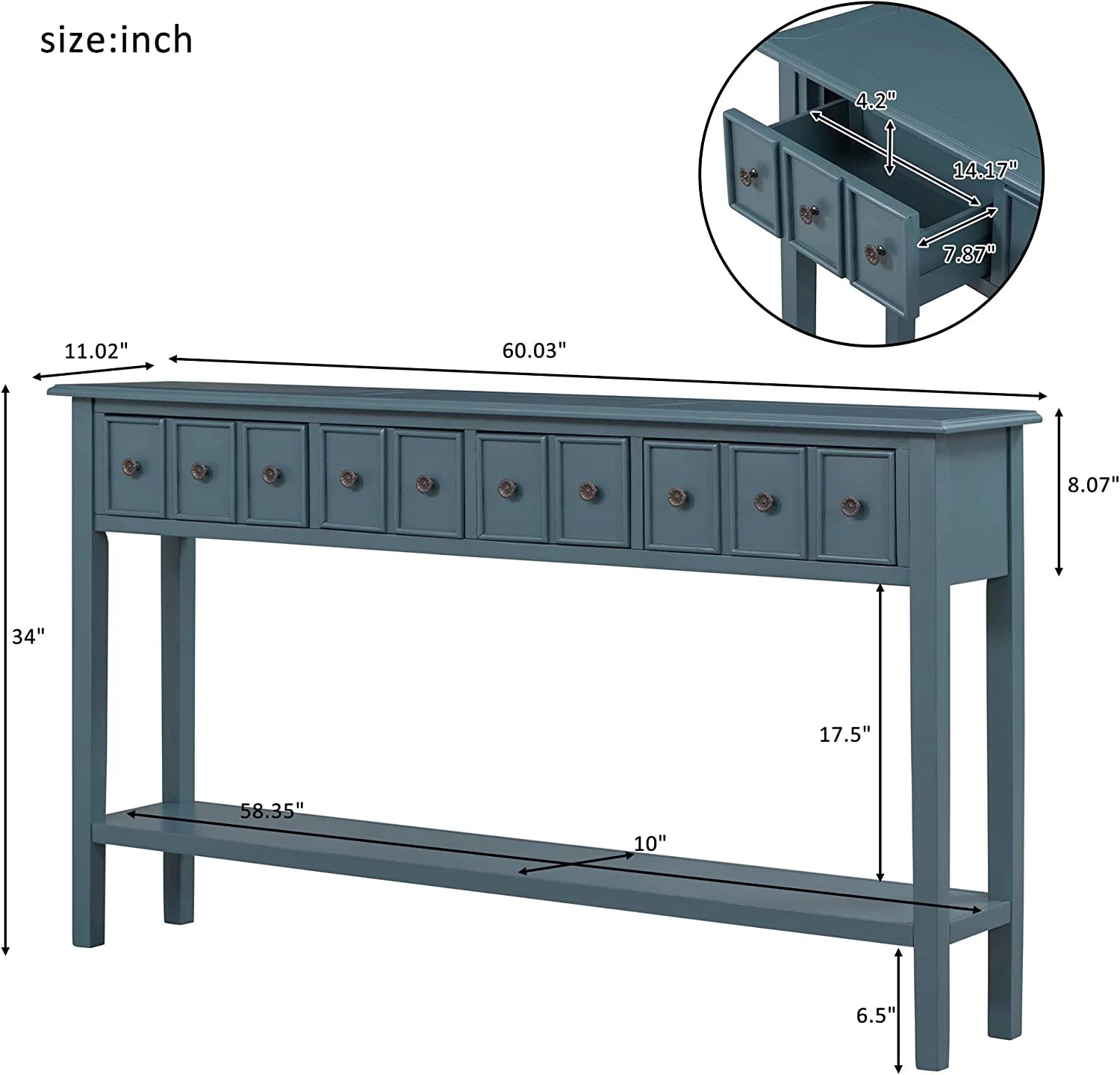 Navy 60" Console Table with 2 Drawers and Bottom Shelf W18711