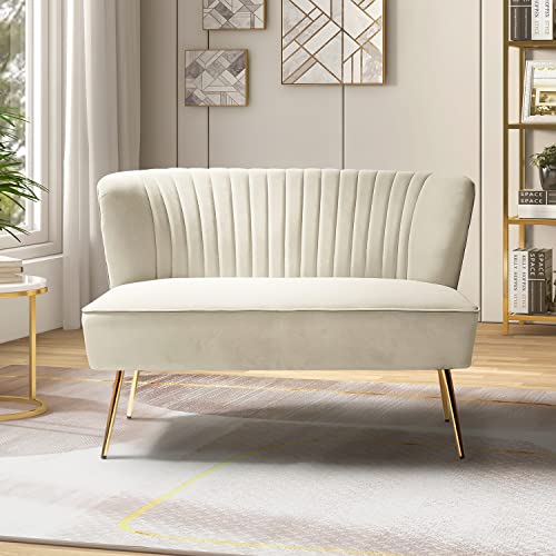Tan Velvet Loveseat Sofa with Golden Metal Legs N134