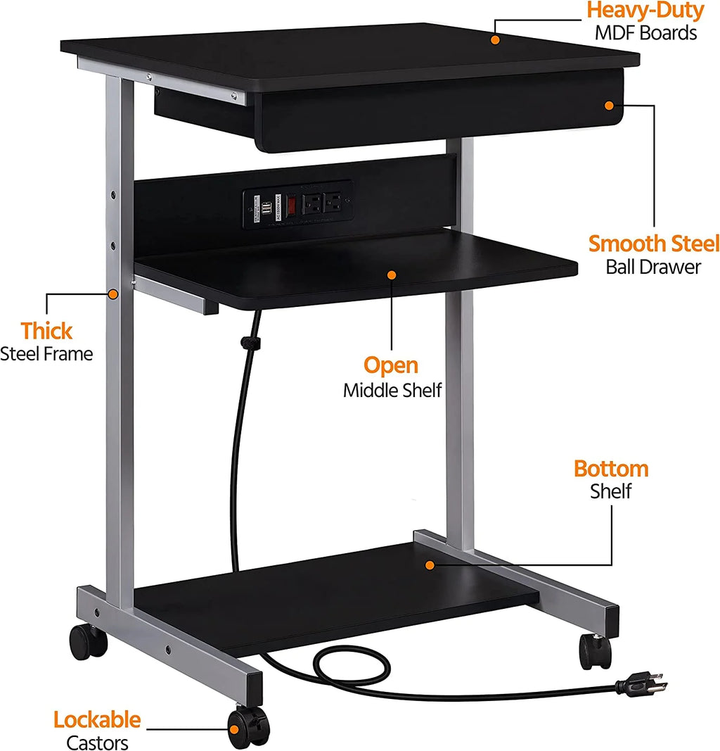 Black Compact Laptop Desk On Wheels With Power Outlet And USB Ports S316