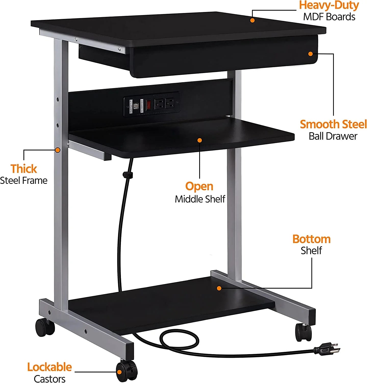 Black Compact Laptop Desk On Wheels With Power Outlet And USB Ports S316