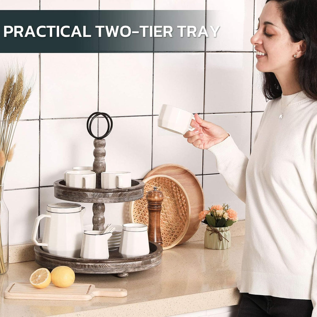 Two Tier Distressed Wood Serving Tray V711366