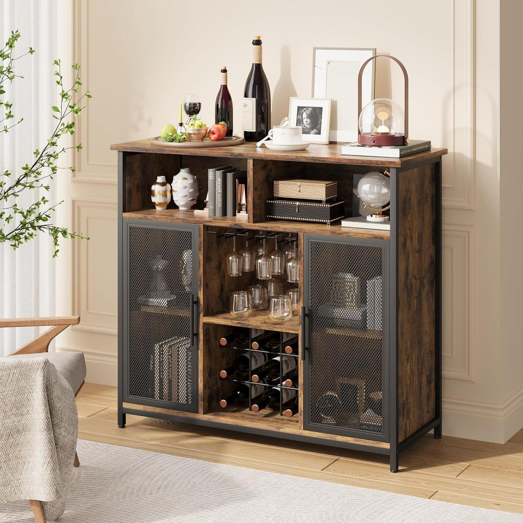 Rustic Brown Coffee Bar Cabinet with Mesh Doors and Adjustable Shelves B535