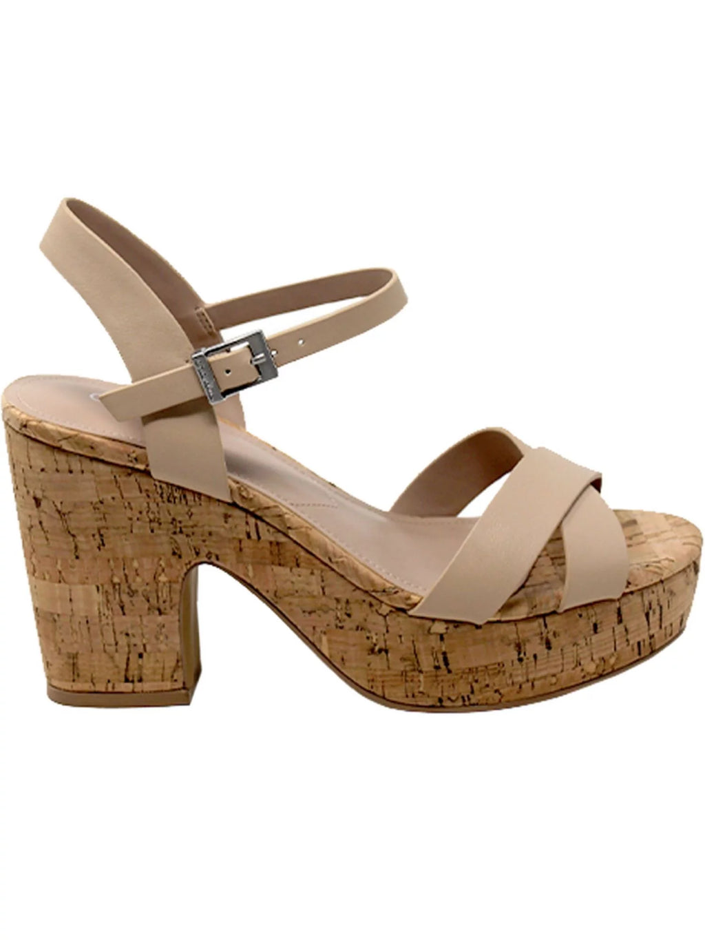 Beige Cork Platform Ankle Strap Block Heel Dress Sandals E5673