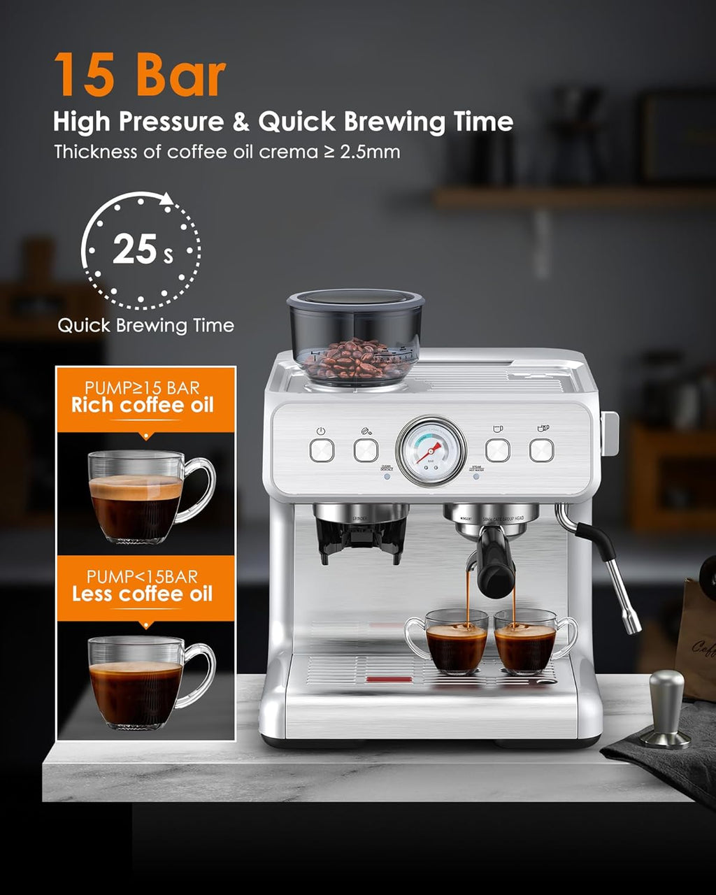 15 Bar Espresso Machine with Coffee Bean Grinder Milk Frother Stainless Steel P928